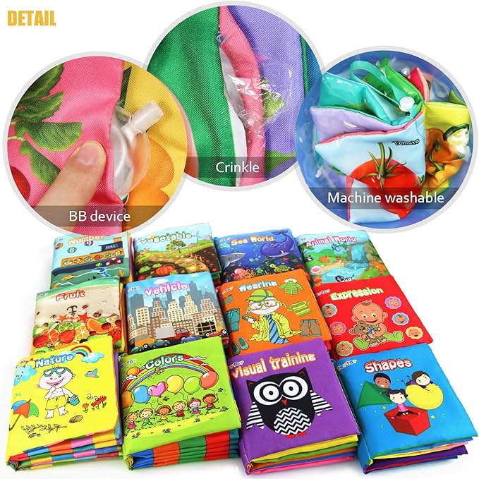 My First Soft Book,teytoy Nontoxic Fabric Baby Cloth Activity Crinkle Soft Books for Infants Boys and Girls Early Educational Toys (Pack of 12)