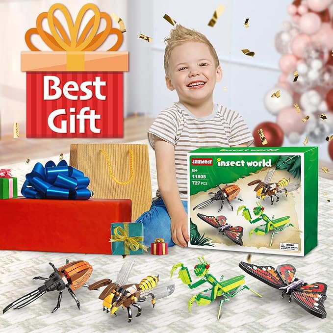 Insect Collection Building Block Set for Kids 6+, Butterfly Mantis Wasps Unicon Beetle Display Models for Nature Décor, 4 Packs Bug Building Toys, Fun Gift for Adults Boys Girls Nature Lovers (727PCS)