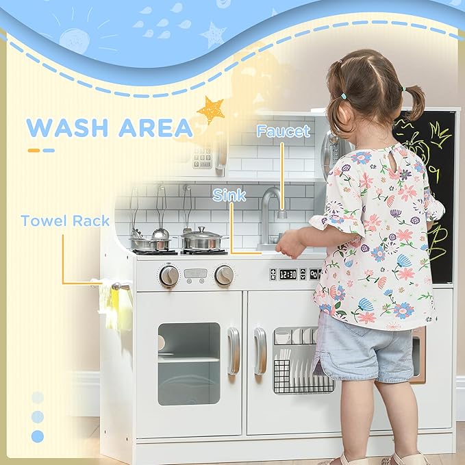 Qaba Kids Kitchen Playset - Pretend Play Toy Kitchen with Phone, Chalkboard, Towel Rack, Ice Maker, 5 Accessories, Storage Space, Microwave & Sink - Gift for 3-8 Years, White
