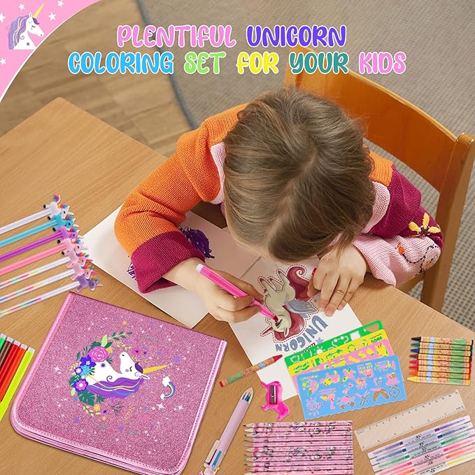 Fruit Scented Markers Set 56Pcs with Glitter Unicorn Pencil Case & Stationery,Art Supplies for Kids Ages 4-6-8, Art Coloring Kits Box,Gifts Toy for Girls Age 5,7,Pencil&Crayon Drawing Stuff