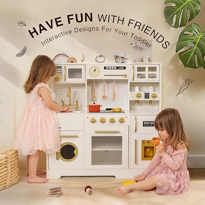 Kids Wooden Play Kitchen Set with Oven, Ice Maker & Coffee Maker - Pretend Cooking Toy Gift for Toddlers 3+ Years