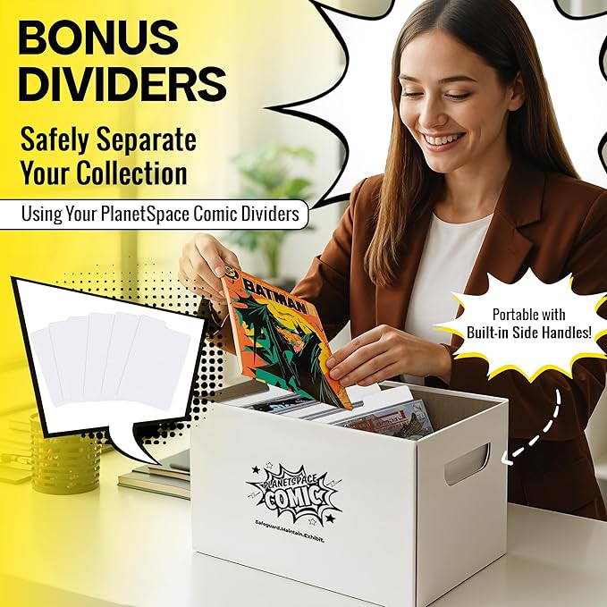Premium Comic Book Storage Box | 22 Boxes with 6 Dividers (Each Box Stores Up to 175 Comics) - Short Stackable Design with Dust Protection Lid | Strong Structure & Acid Free Manufacturing
