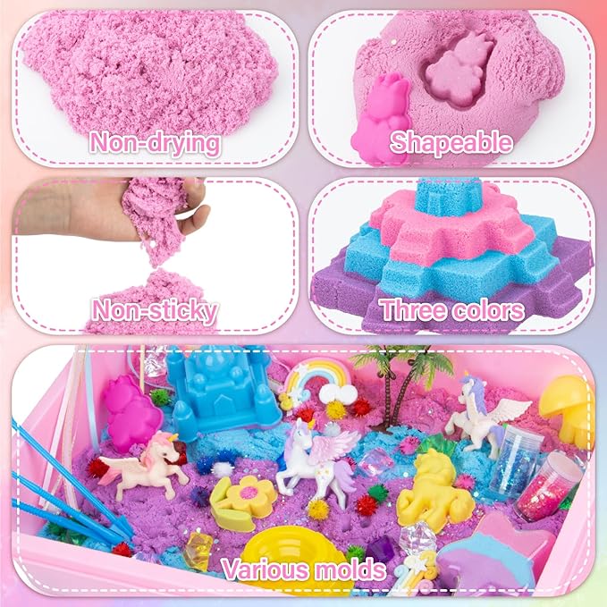 snookids 162Pcs Sensory Bin Magic Sand with Natural Beeswax 690g, Play Sands, Sensory Toys 24 Molds, 3 Unicorns, Sandbox with Lid, Educational Toys and Christmas Gifts for Children 3+