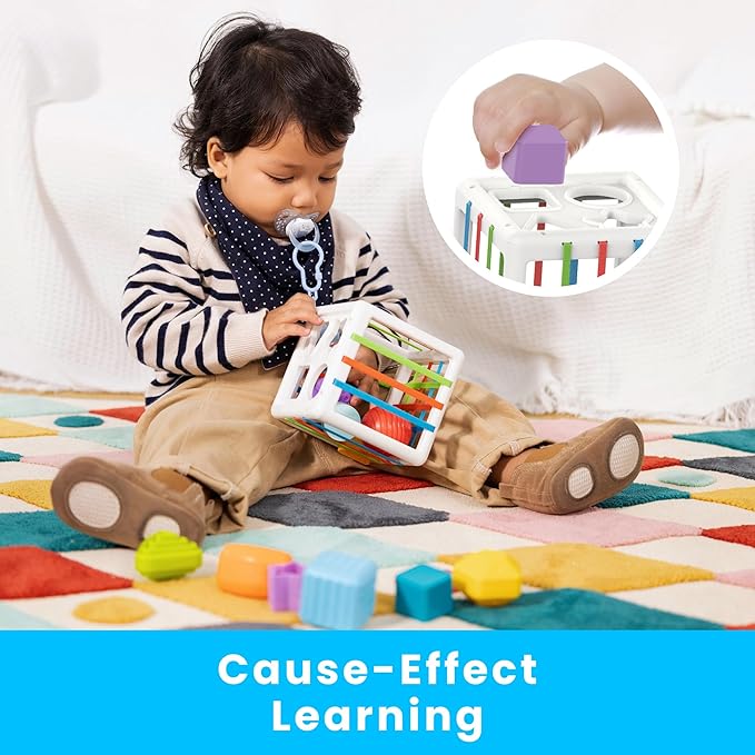 PlenPLAY Shape Sorter Toy for Toddlers Age 1+, Educational Sorting Toy with Bright Colors and Multiple Shapes, Durable and Safe Learning Toy for Early Childhood Development (Cube, ABS Plastic)