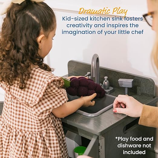 ECR4Kids Play Kitchen Sink, Wooden Playset, Grey Wash