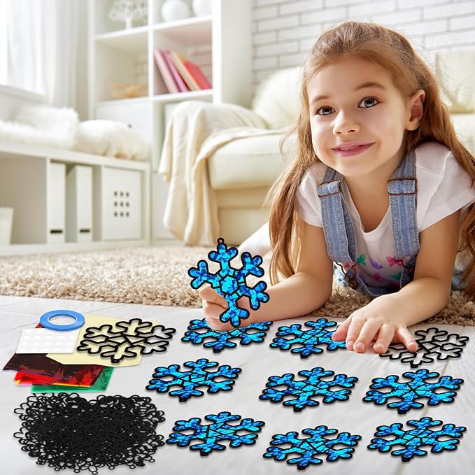 32 Sets Winter Snowflake Suncatchers Craft Kit DIY Window Stained Glass Effect Wintertime Snowflake Paper Crafts Home School Classroom Decoration Kid Birthday Gift Creative Art Project Activity Game