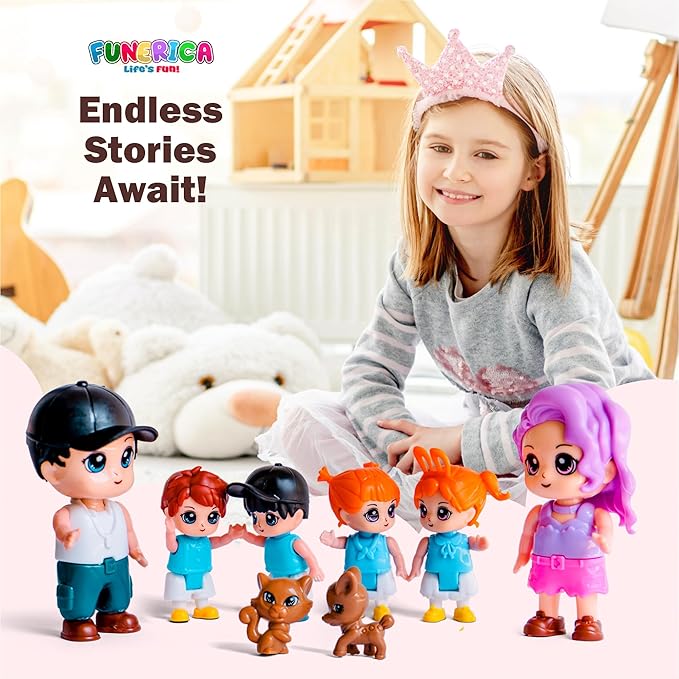 Dollhouse People, 8 Family People Figures and Pets Playset - Bendable Little People Figures - Perfect Figurines for Imaginative Fun and Dollhouse Play - Play Doll House Accessories Toys