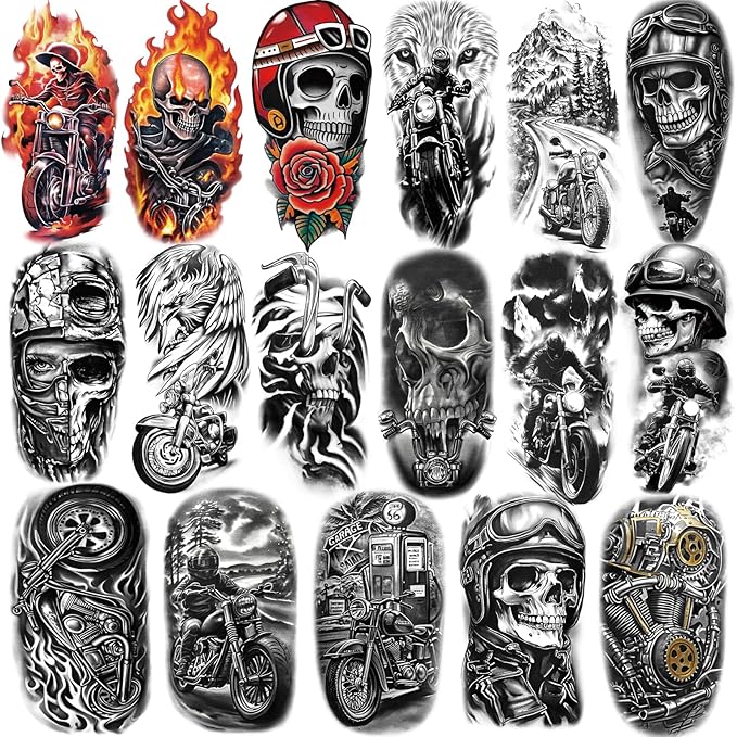 Motorcycle Temporary Tattoos for Adults and Kids, 77 Waterproof Fake Tattoos, 17 Half Arm Sheets and 60 Small Sheets Motocross Racing Rider Dirt Bike Skull Design