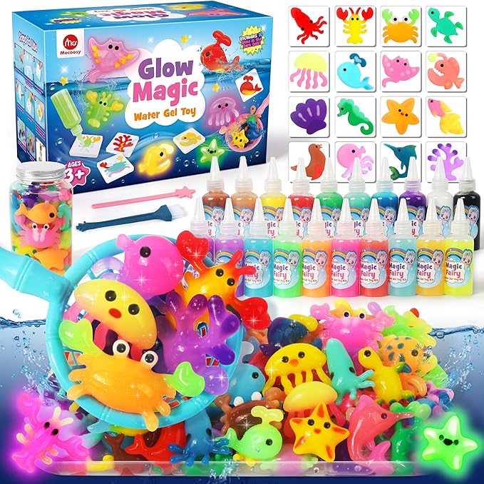 Mocoosy 20 Color Glow in The Dark Magic Water Elf Toy Kit for Kids, Aqua Fairy Water Gel Kit with Magic Gel & Squishy Molds, Make Your Own Squishy Toys & Water Pets, DIY Aqua Art Crafts Birthday Gifts