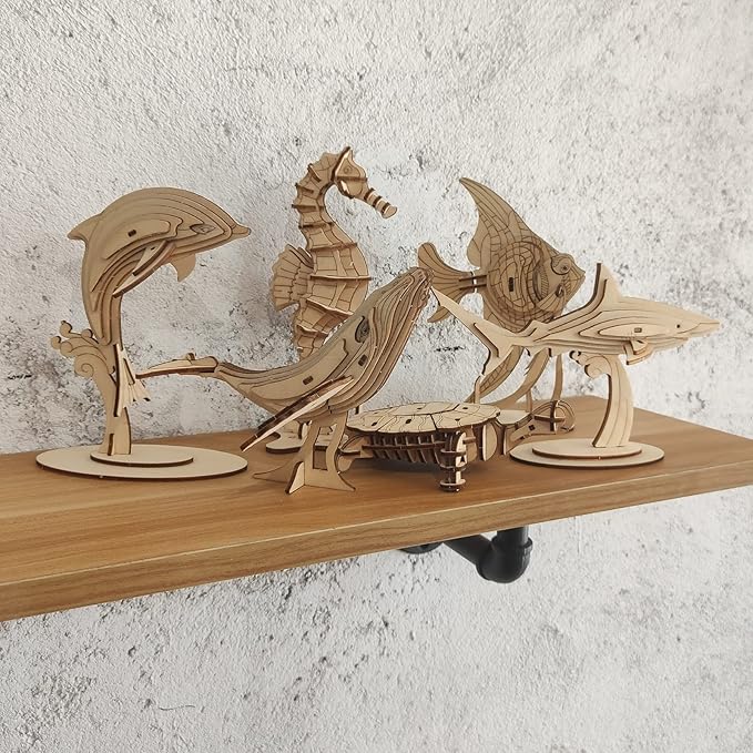 3D Wooden Sea Animal Puzzle - 6 Piece Set Wood Sea Animals Skeleton Assembly Model Kits - Wooden Crafts DIY Brain Teaser Puzzle - STEM Toys Gifts for Adults & Teens Birthday Gifts Christmas