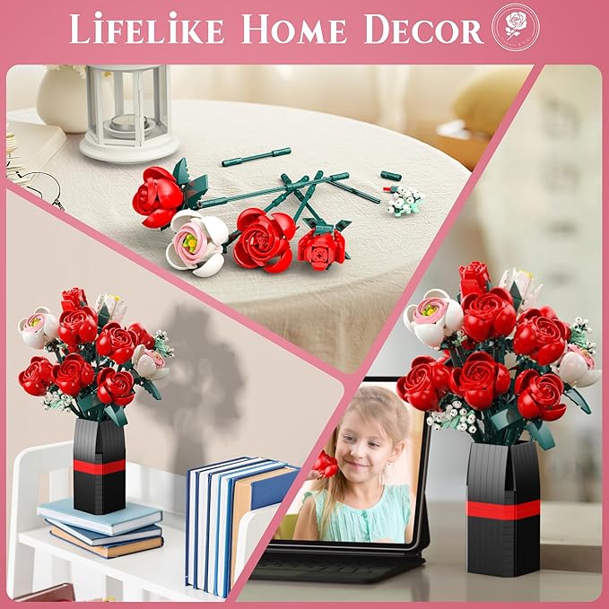 Flowers Bouquet Building Block, 841Pcs Roses Building Set with Vase, Home Office Creative Decoration, Valentine Day, Birthday, Christmas Ideal Gift for Kids, Adults