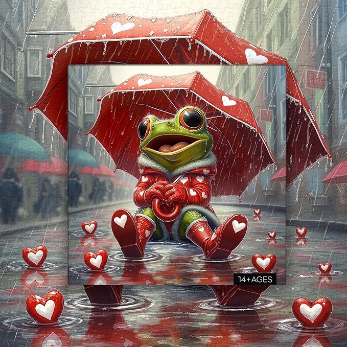 Cute Frog Puzzles for Adults 1000 Pieces, PICKFORU Happy Rain Fun Jigsaw Puzzle Umbrella, Challenging Colorful Love Hearts Theme as Art Decor