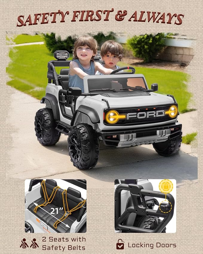 Licensed Ford Bronco Raptor 24V 2 Seater Kids Ride on Toys, Battery Powered Electric Ride on Car, Remote Control Electric Car w/Led Lights, Music, High Low Speed (24V, White)