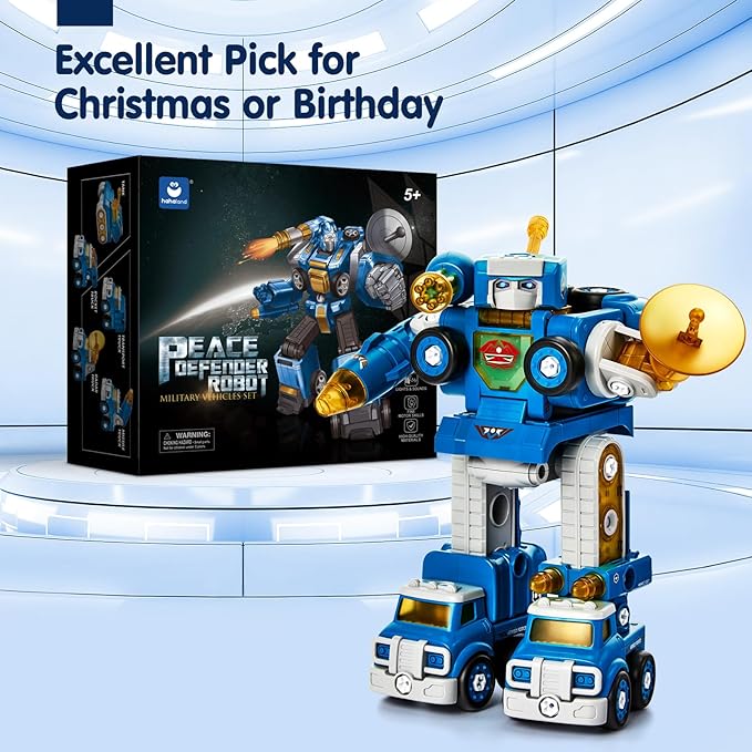 hahaland 5 Year Old Boy Birthday Gift - STEM Toys for Ages 5-7, Toy for 5 6 Year Old Boy, 5 in 1 Building Take Apart Trucks Transform to Robot, Boys Toys Stocking Stuffers Christmas Grandkids Gifts