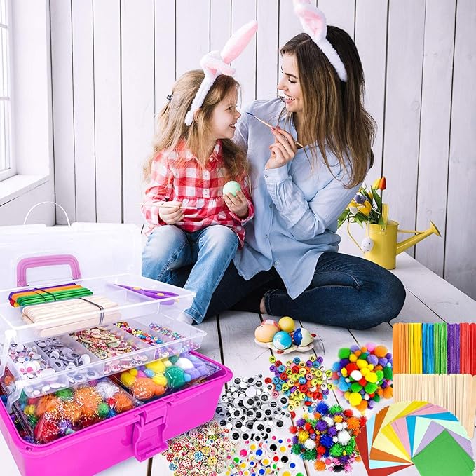 1405 Pcs Art and Craft Supplies for Kids, Toddler DIY Craft Art Supply Set Included Pipe Cleaners, Pom Poms, Feather, Folding Storage Box - All in One for Craft DIY Art Supplies, Rose Red