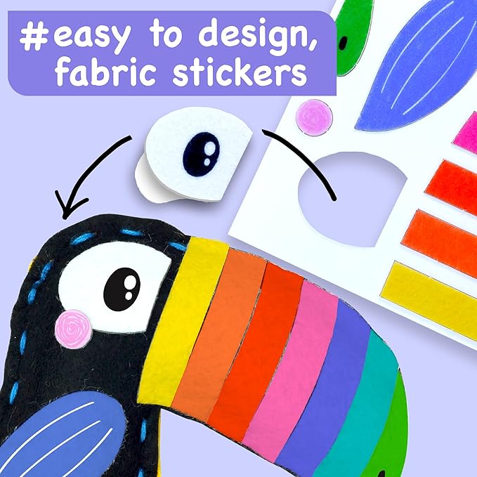 EZCRA Easy Arts and Crafts for Kids - No Mess Sewing Kit for Kids - 4 Easy to Do Cute Animals Sewing Projects - Fun Felt Stickers - Tools with Instruction - Gifts for Boys and Girls Age 4,5,6,7,8