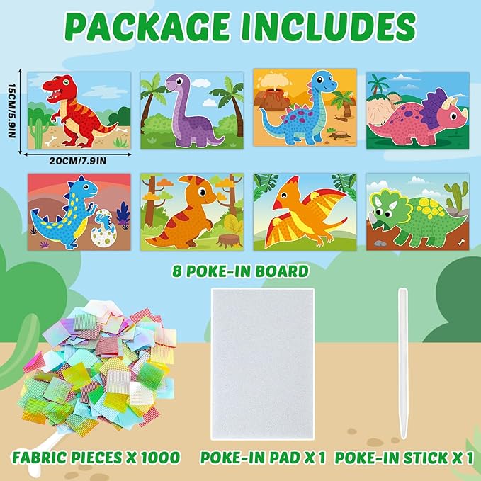 8PCS Poke-in Craft and Art Kit for Kids Dinosaur Theme No-Mess Fabric Sewing Art for Girls Boys 4-12 Fabric Puzzle Puncture Painting Dino Toy Gifts for Creative Activity Game Birthday Party