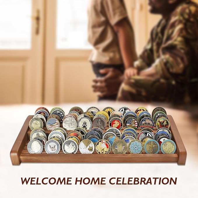 8 Rows Solid Wood Challenge Coin Display Stand - Military Holder for Up to 60-70 Coins - Ideal Rack for Army Navy Marine Corps Law Enforcement Collectors, Walnut Finish