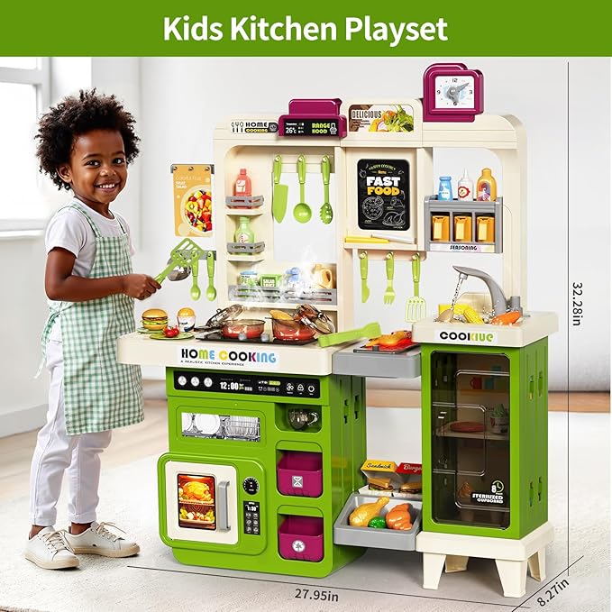 Kids Kitchen Playset, Play Kitchen with Electric Stove, Grill, Sink, Play Food, ToyKitchen Accessories, Kitchen Interactive Play with Lights Sound Steam, Cooking Toys for Toddler Kid Gifts