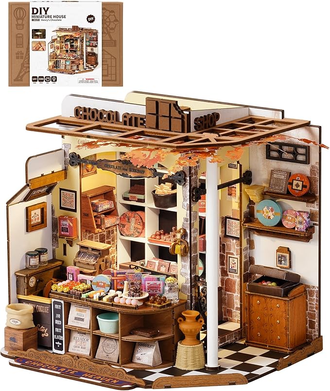 ROBOTIME DIY Miniature House Kit, Tiny House Building Kits，Mini Wooden Furniture Kit for Adults, Dollhouse for Birthday Christmas Craft Hobbies Gift（Henry's Chocolate）