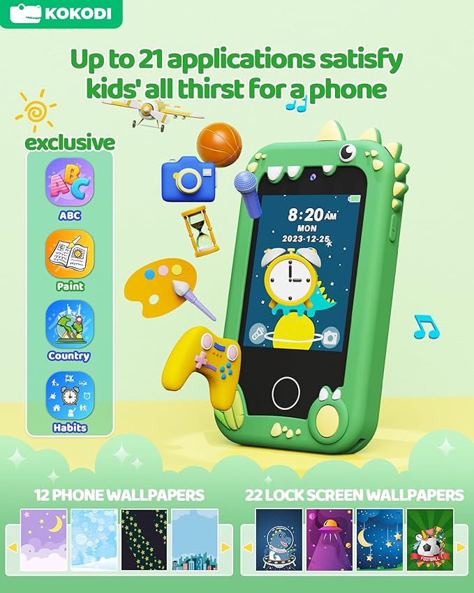 KOKODI Kids Smart Phone Toys, Touchscreen HD Dual Camera Cell Phone for Kids, Birthday Gifts Dinosaur Child Play Phone for Boys 3-10, Travel Preschool Learning Toy (Green)