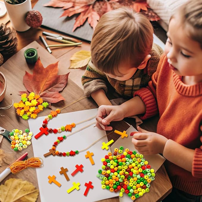 32 Pcs Fall Wood Cross Beads Necklace Crafts Kits- DIY Religious Fall Wooden Cross Beads Craft for Thanksgiving Christian Necklace Kit for Autumn Sunday School Classroom Crafts Supplies