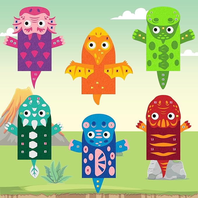 WATINC 6Pcs Hand Puppet Making Kit, Art Craft Felt Sock Puppet Toys, Creative DIY Make Your Own Pompoms Wiggle Googly Eyes Storytelling Role Play Party Supplies Gift for Girls Boys (Dinosaurs B)