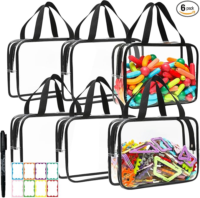 Toy Storage Bags - 6 Packs Toy Storage Organizer with Labels & Pen for Kids, Reusable Clear PVC Board Game Storage with Zipper, Waterproof Travel Bags for Building Blocks, Puzzles (Black)