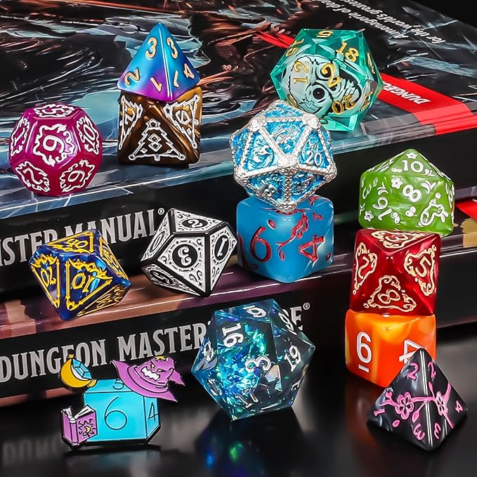 QMAY Polyhedral Dice - 24 Pcs Mystery Dice Box, Random Styles Dice & Pins Badges, Bulk DND Dice, Dice Advent Calendar, D&D Gifts, Great for Dungeons and Dragons, RPG, MTG,Role Playing Table Game