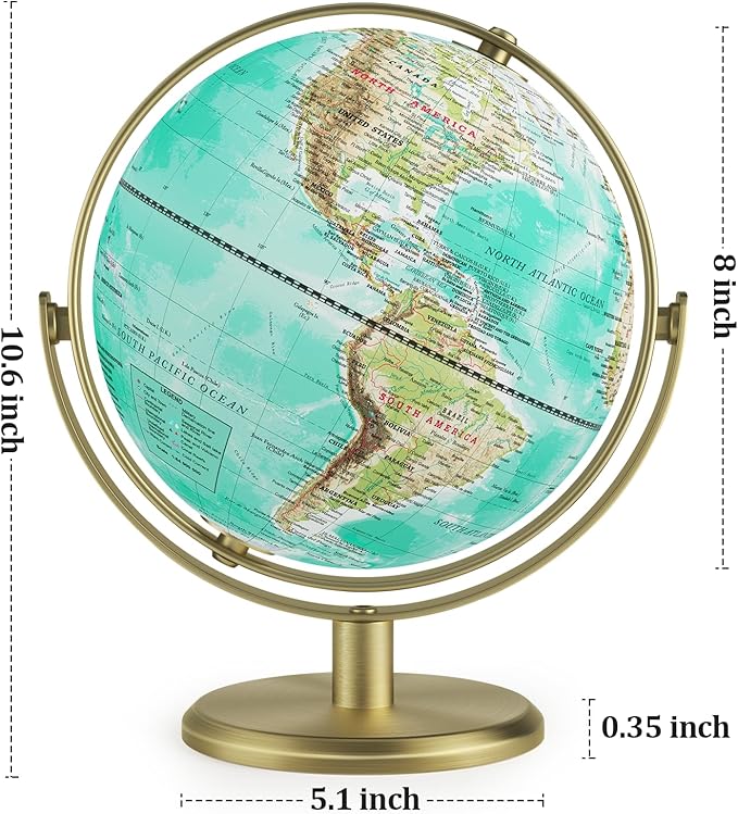 8'' World Globe with Gold Stand 720° Rotating, Kids Adults Student Geography Educational, Desk Globe Decorative Office Classroom, Unique Birthday Christmas Gifts (Elegant Turquoise)