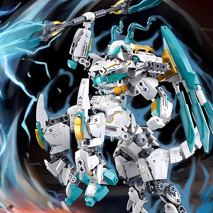 White Horse Dragon Samurai mech Robot Model Knight 2 in 1 Building Blocks Toy Set Mythical Birthday for Age 8+ Children Adults Teens 731 Pieces