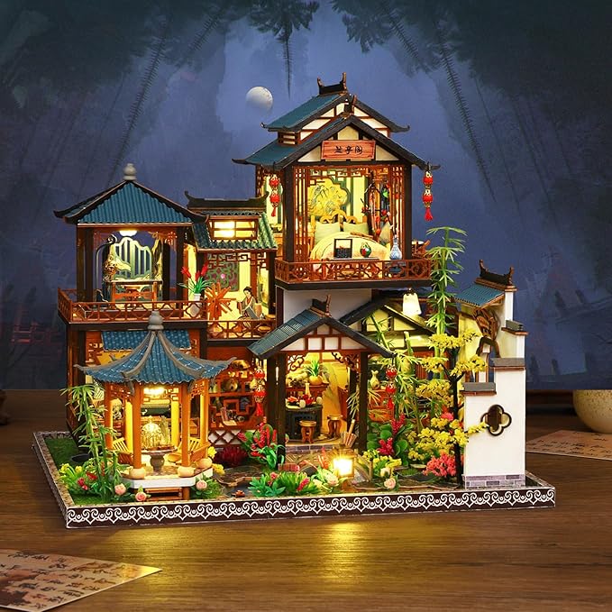 DIY Miniature House Kit - Miniature Wooden Dollhouse Kit - Mini House Building Kit for Adults - Vintage Courtyard Tiny Model House Kit with LED, Miniature Kit, Creative DIY Adult Crafts Gift