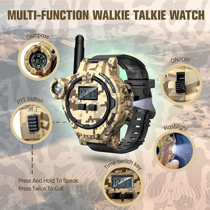 Walkie Talkies for Kids Rechargeable 2 Pack, Long Range Camo Walkie Talkie for Boys Age 8-12, Wrist Walkie Talkie Spy Watches for Kid, Kids Walkie Talkies 2 Pack for Christmas Birthday Gift