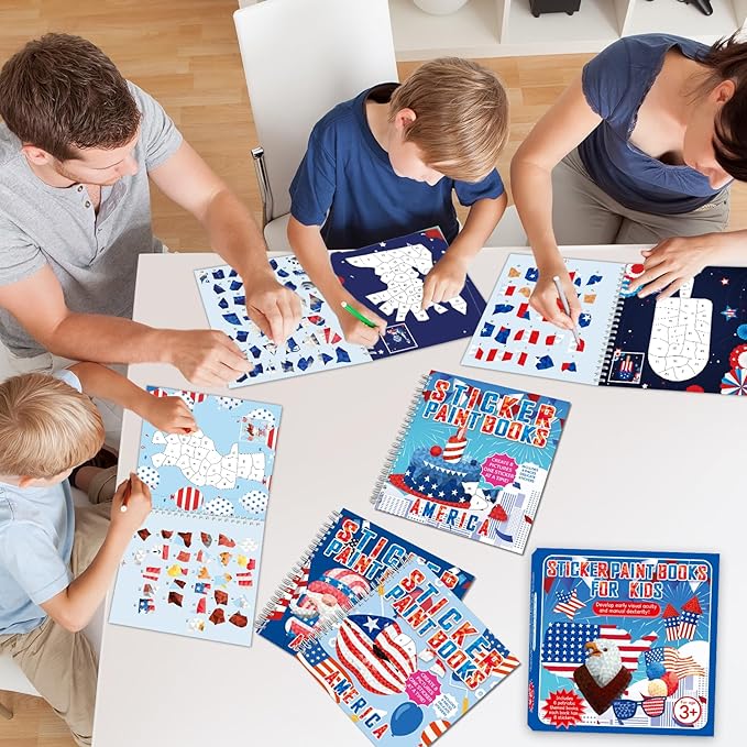 6PCS 4th of July Patriotic Crafts Paint by Sticker Books for Kids Ages 4-8 Sticker by Number Book Activity Puzzle Book for Kids Age 3-5 Toddler Art Gift for Memorial Day American Flag Star 48 Pictures