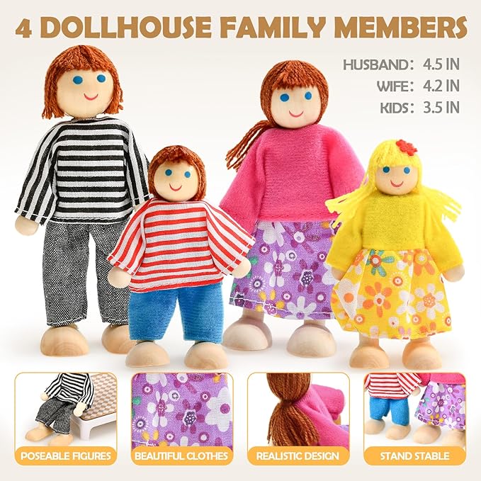 Toyssa Dollhouse Furniture Set, 36PCS Beech Wood and Plastic Miniature Doll House Accessories with Modern 5 Rooms & 4 Flexible Family Dolls, Pretend Play Toys Birthday Gift for Toddlers 3 4 5 6