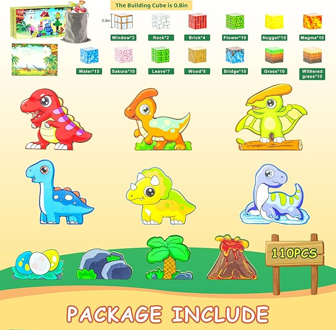 110PCS Dinosaur Toys Magnetic Cubes for Kids, Magnetic Building Blocks for Kids Ages 4-8 8-12, Magnet Blocks Classroom Must Haves Sensory Construction Toys for Boys Girls Gifts