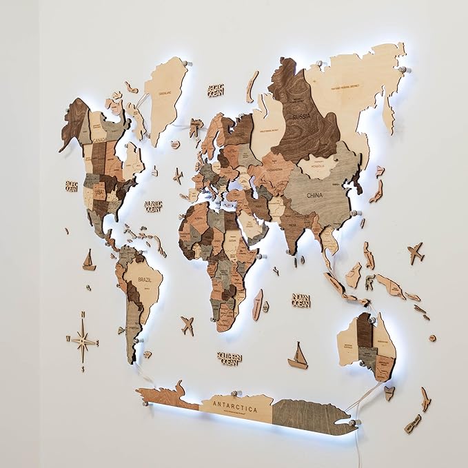 Enjoy The Wood 3D Wood World Map LED 3.0 Wall Art Modern Home Decor Gifts LED Lighting Wall Decor Housewarming Gift (Smokey)