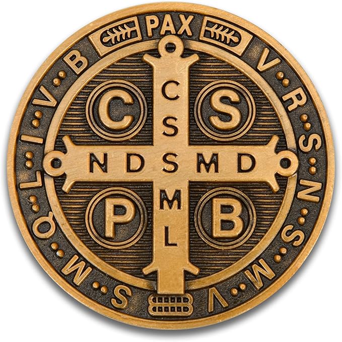 St Benedict Coin & Angel Warrior Metal Token Set - Christian Religious Medallion with Latin Prayer & Fantasy Archangel Design