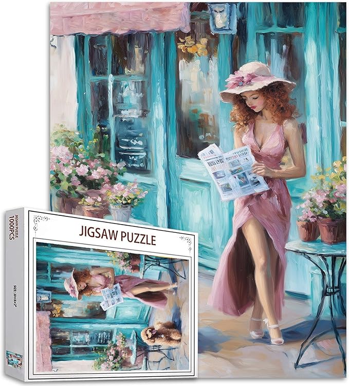 Impressionism 1000 Piece Puzzles for Adults Elegant Woman with Blonde Hair Jigsaw Puzzle for Adults 1000 Pieces,Girl and Dog Puzzles Art Family Game,Adult Puzzle for Lovers Gifts