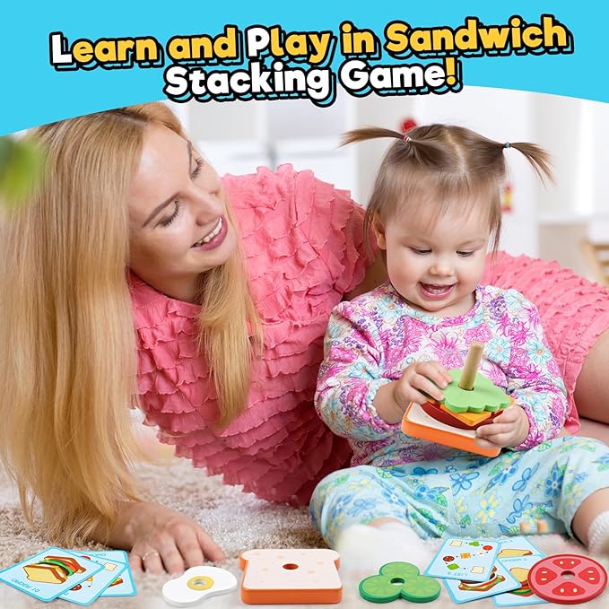 kizh Wooden Sandwich Sorting Stacking Toys Play Food Set for Toddlers Preschool Educational Montessori Toys Fine Motor Toy for Kids Boys Girls