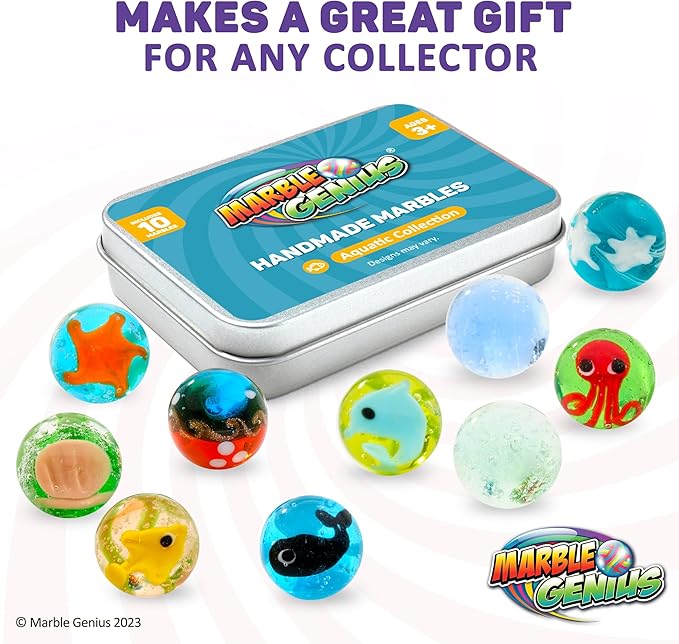 Marble Genius Collectors Marbles, Aquatic, 16mm (⅝ Inch), 10 Handmade Glass Marbles, Gifts for Marble Lovers, Gifts for Kids Ages 3+