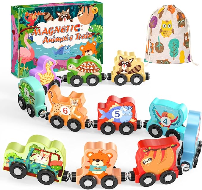 Toys for Toddlers, 11 Magnetic Wooden Animals Train Set, Montessori Toys for Toddlers, Learning Activities, Sensory Activities for Kids, Birthday Gifts for Boys, Girls
