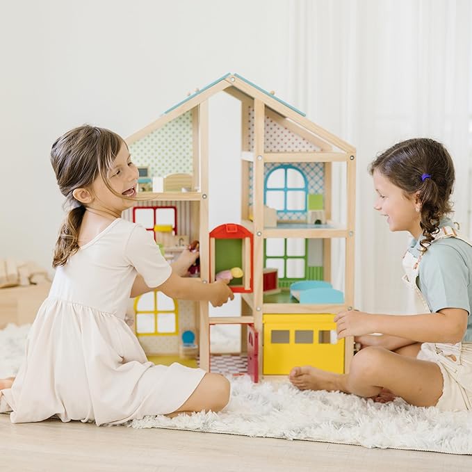 Melissa & Doug Hi-Rise Wooden Dollhouse with 15 pcs Furniture - Garage and Working Elevator