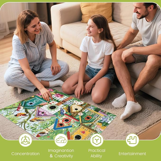 500 Piece Puzzle for Adults, Colorful Birdhouses 500 Piece Puzzle, Vibrant Birds in Blooming Flowers Jigsaw Puzzle, Perfect for Family Game Night, Home Wall Decor, Great Gift for Adults, Kids, Seniors