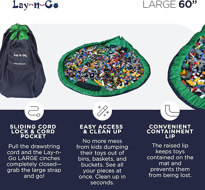Lay-n-Go 2-in-1 Small Portable Drawstring Toys Storage Organizer and Play Mat for Room and Travel, Made for Kids and Toddlers with a Durable Patented Design