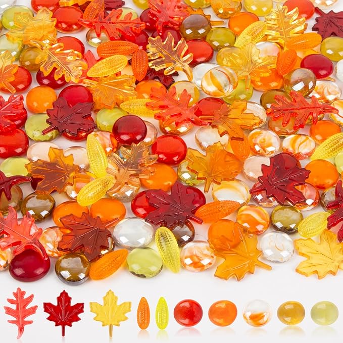 Fall Decor Sensory Bin Filler 100PCS Thanksgiving Vase Filler Acrylic Gems Autumn Leaves Corn Gems, for Fall and Thanksgiving Table Decor, Vase Filler, Sensory Bin Filler Preschool Counting