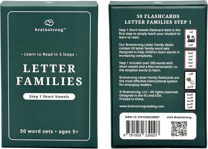 250 Phonics Words - Step 1 - Short Vowels | Learn to Read Kinder/1st Grade | Ages 5-7 | Brainstrong Letter Families Premium 50 Flashcards