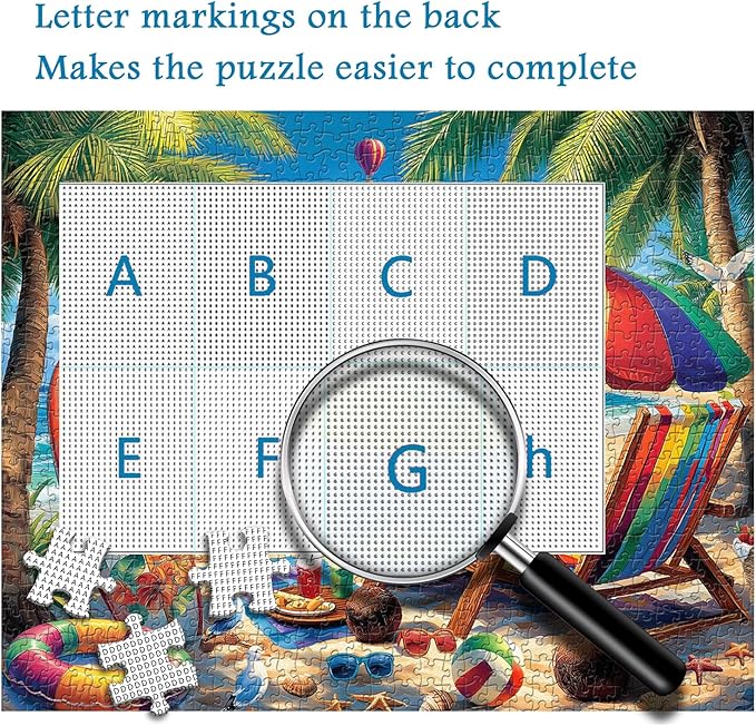 Beach Puzzles for Adults 1000 Pieces, PICKFORU Vintage Summer Puzzle Lounge Chair Beach Vacation, Difficult Seaside Puzzles for Adults, Colorful Art Puzzle as Wall Decor
