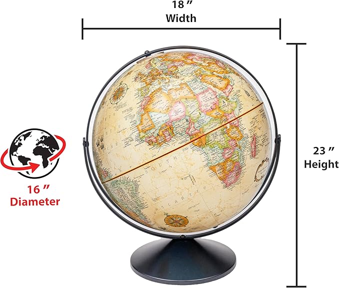 Replogle Eureka 16 inch desktop globe with up to date antique raised relief map and full swing gyromatic assembly. The beautiful antique color globe ball and vast amount of up-to-date information will peak the interest of any geographical connoisseur o...