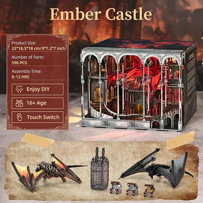 Book Nook Kit, DIY Miniature House Kit for Adults, Teens and Beginners, Dollhouse Booknook Library Tiny House Bookshelf Decor 3D Wooden Puzzle, Gifts for Family, Friends (Ember Castle)